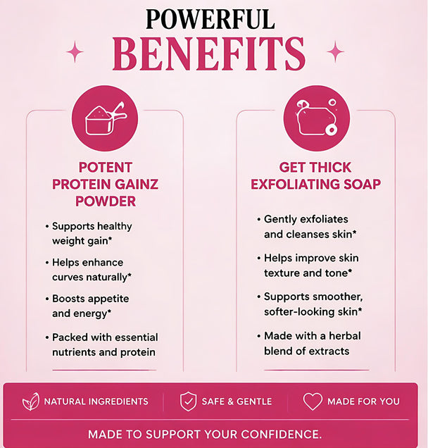 Product advertisement highlighting potent protein gainz powder and thick exfoliating soap with benefits listed.