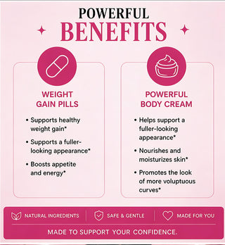 Advertisement for weight gain pills and powerful body cream with benefits listed on a pink background.