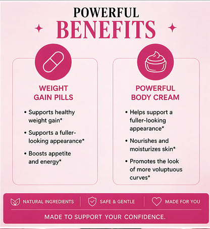 Advertisement for weight gain pills and powerful body cream with benefits listed on a pink background.