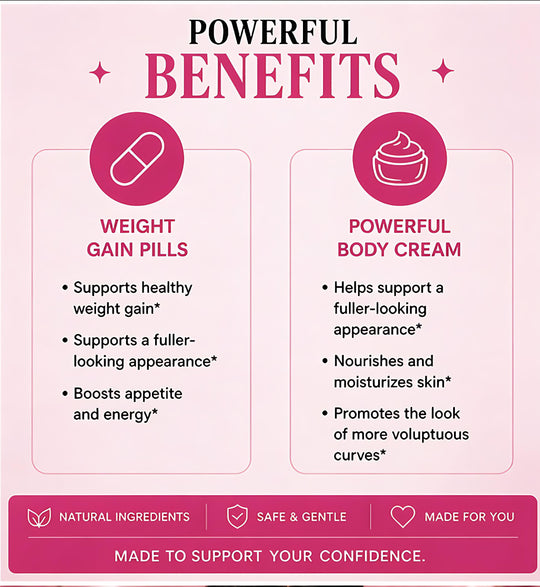 Advertisement for weight gain pills and powerful body cream with benefits listed on a pink background.