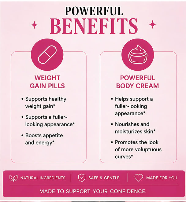 Advertisement for weight gain pills and powerful body cream with benefits listed on a pink background.