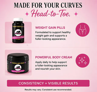 Advertisement for weight gain pills and body cream on a pink background