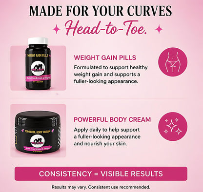 Advertisement for weight gain pills and body cream on a pink background