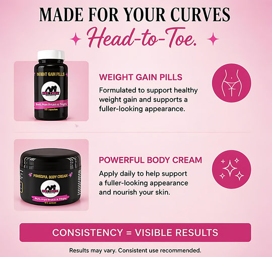 Advertisement for weight gain pills and body cream on a pink background