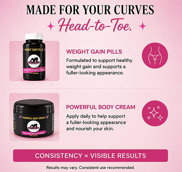 Advertisement for weight gain pills and body cream on a pink background