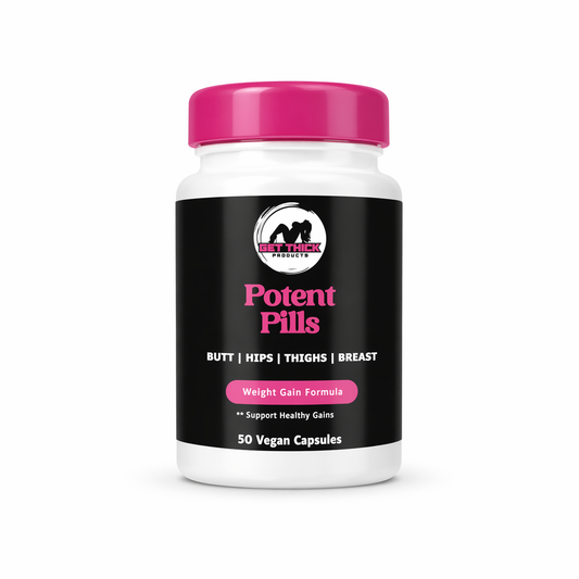 Supplement bottle labeled 'Potent Pills' with a pink cap on a white background weight gain 