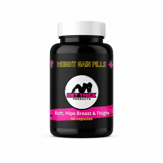 Black bottle of 'Weight Gain Pills' with 'Get Thick Products' branding on a white background
