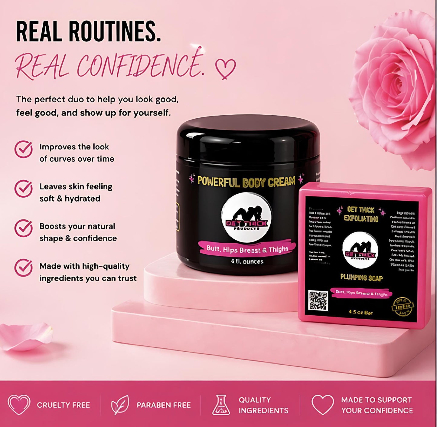 Body cream and soap with promotional text on a pink background for curves