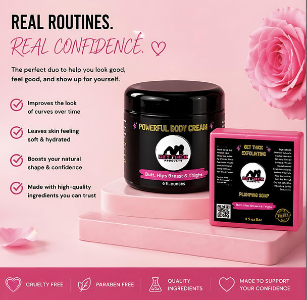Body cream and soap with promotional text on a pink background for curves