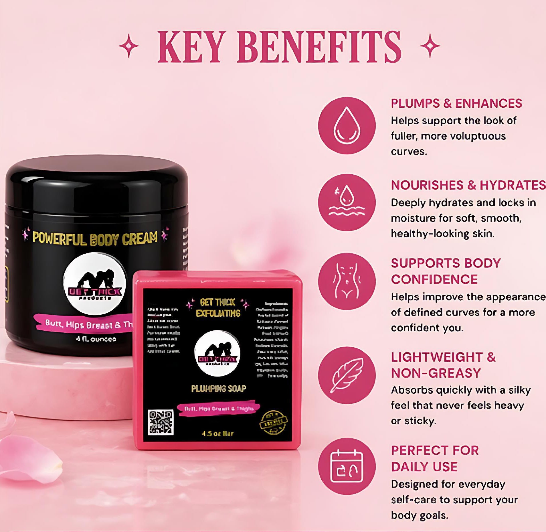 Product packaging with 'Key Benefits' text on a pink background enhancement cream