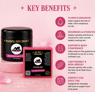 Product packaging with 'Key Benefits' text on a pink background enhancement cream