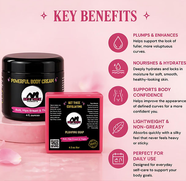 Product packaging with 'Key Benefits' text on a pink background enhancement cream