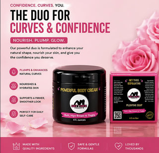 Two beauty products on a pink background with text about confidence and curves.