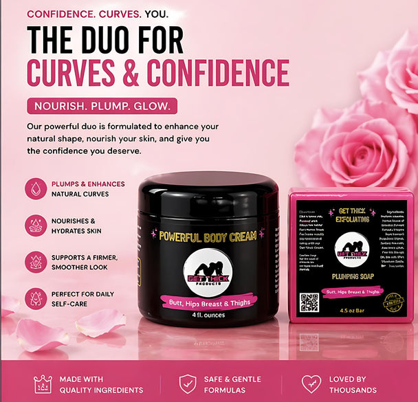 Two beauty products on a pink background with text about confidence and curves.