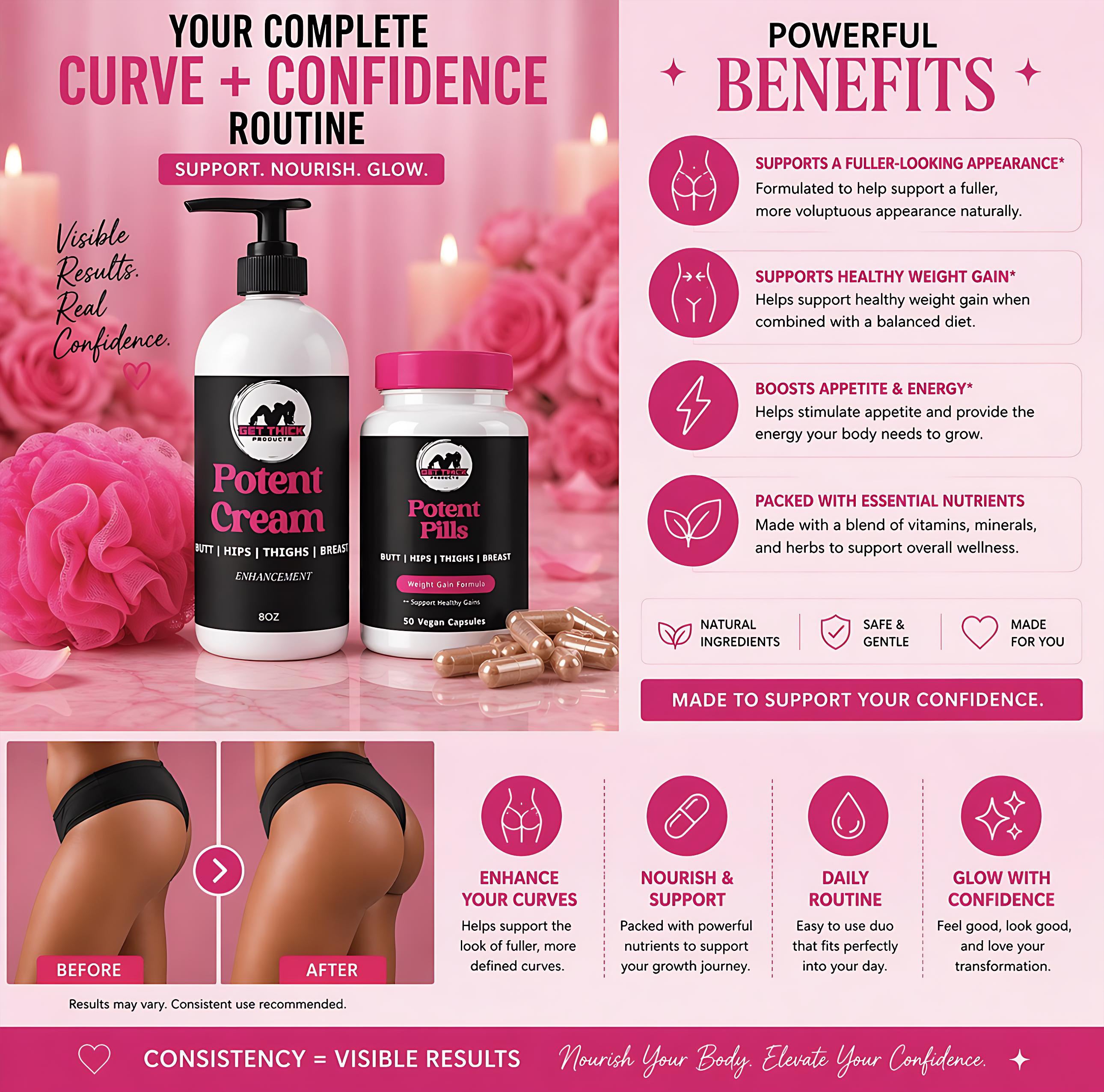 Advertisement for 'Potent Cream' and 'Potent Pills' with product packaging and benefits listed on a pink background.
