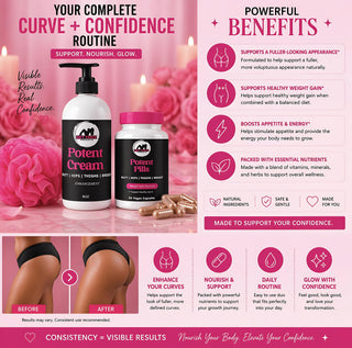 Advertisement for 'Potent Cream' and 'Potent Pills' with product packaging and benefits listed on a pink background.