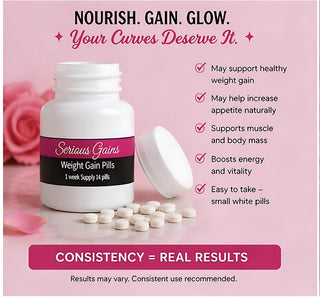 Weight gain pills with pink background and text about product benefits