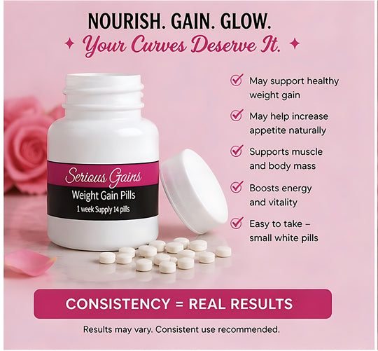 Weight gain pills with pink background and text about product benefits