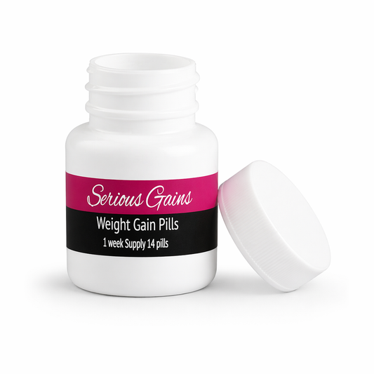 White bottle labeled 'Serious Gains Weight Gain Pills' on a white background
