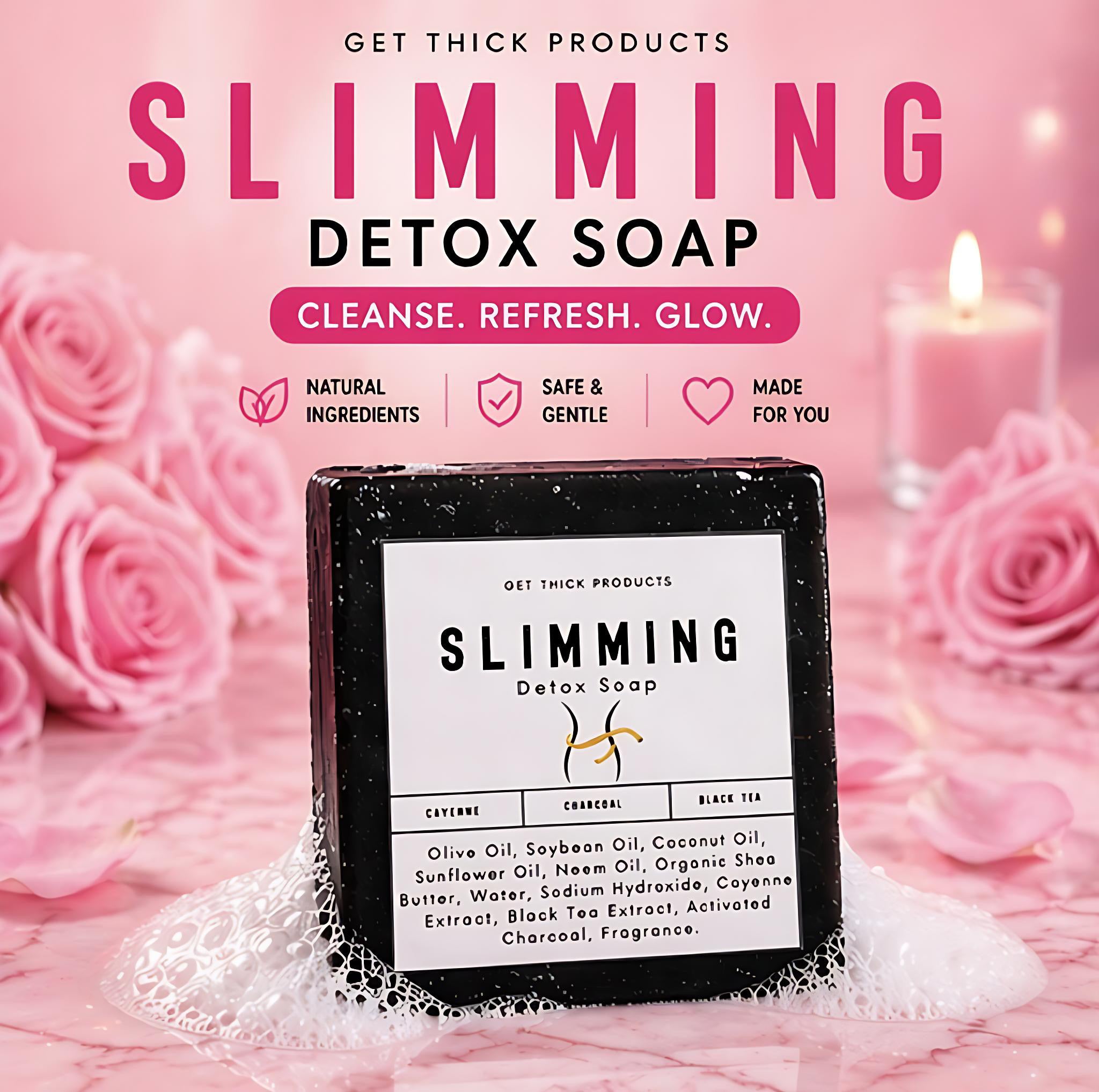 Slimming Detox Soap with pink roses and candles on a pink background