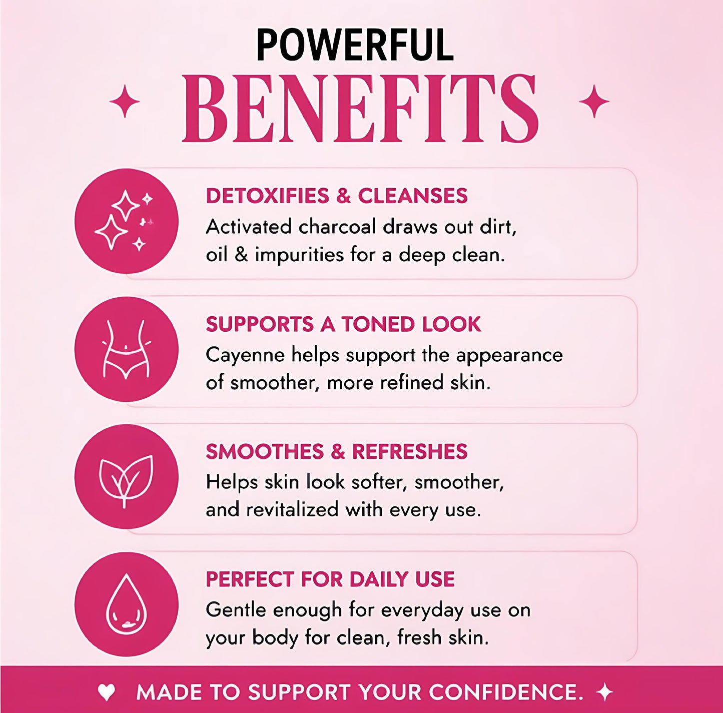 List of benefits on a pink background with icons and text.