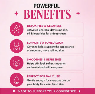 List of benefits on a pink background with icons and text.