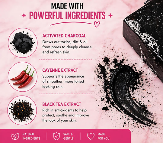 Cosmetic product with activated charcoal, cayenne extract, and black tea extract on a pink background.