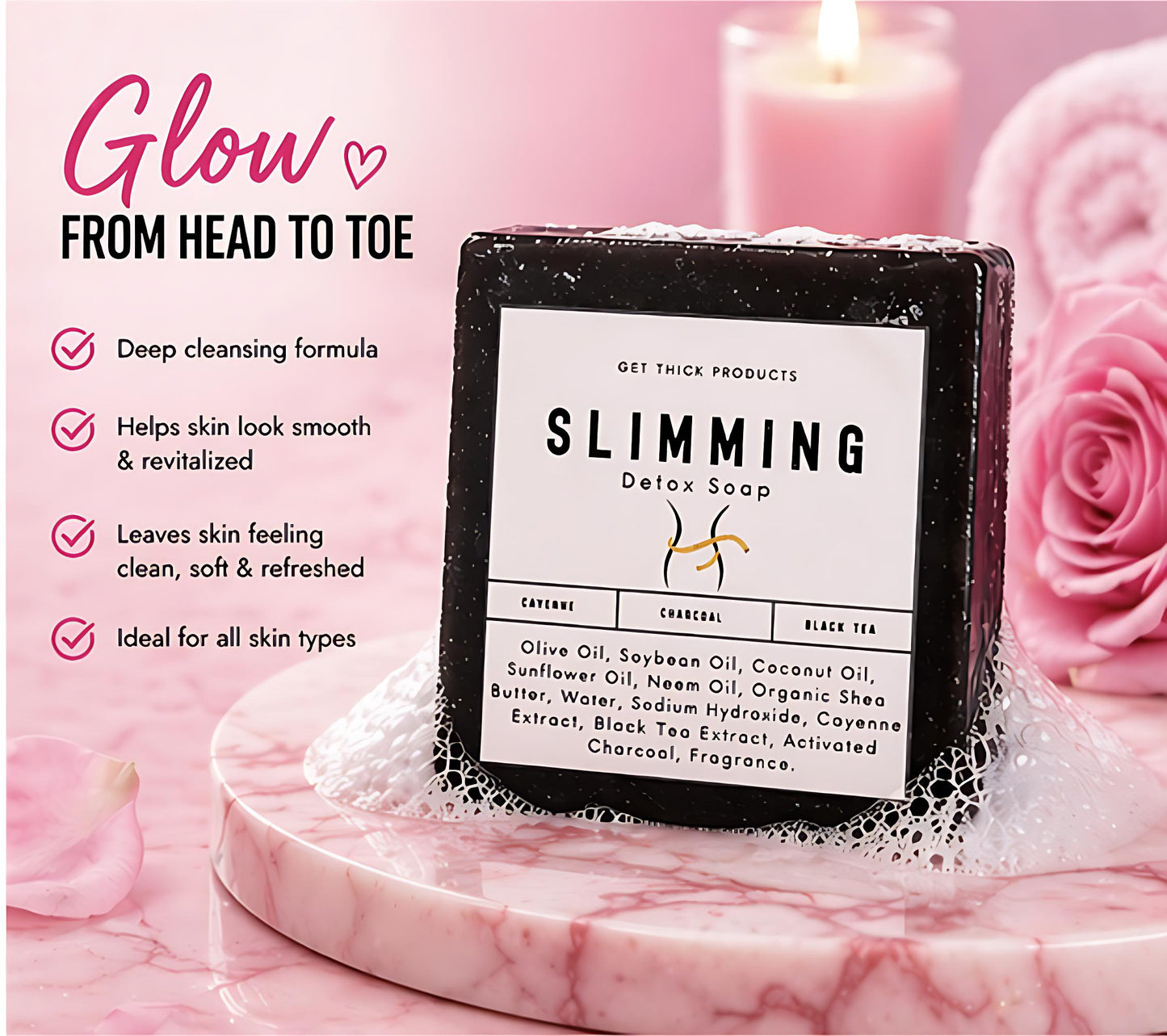 Slimming detox soap bar on a pink marble surface with decorative elements and text about product benefits.