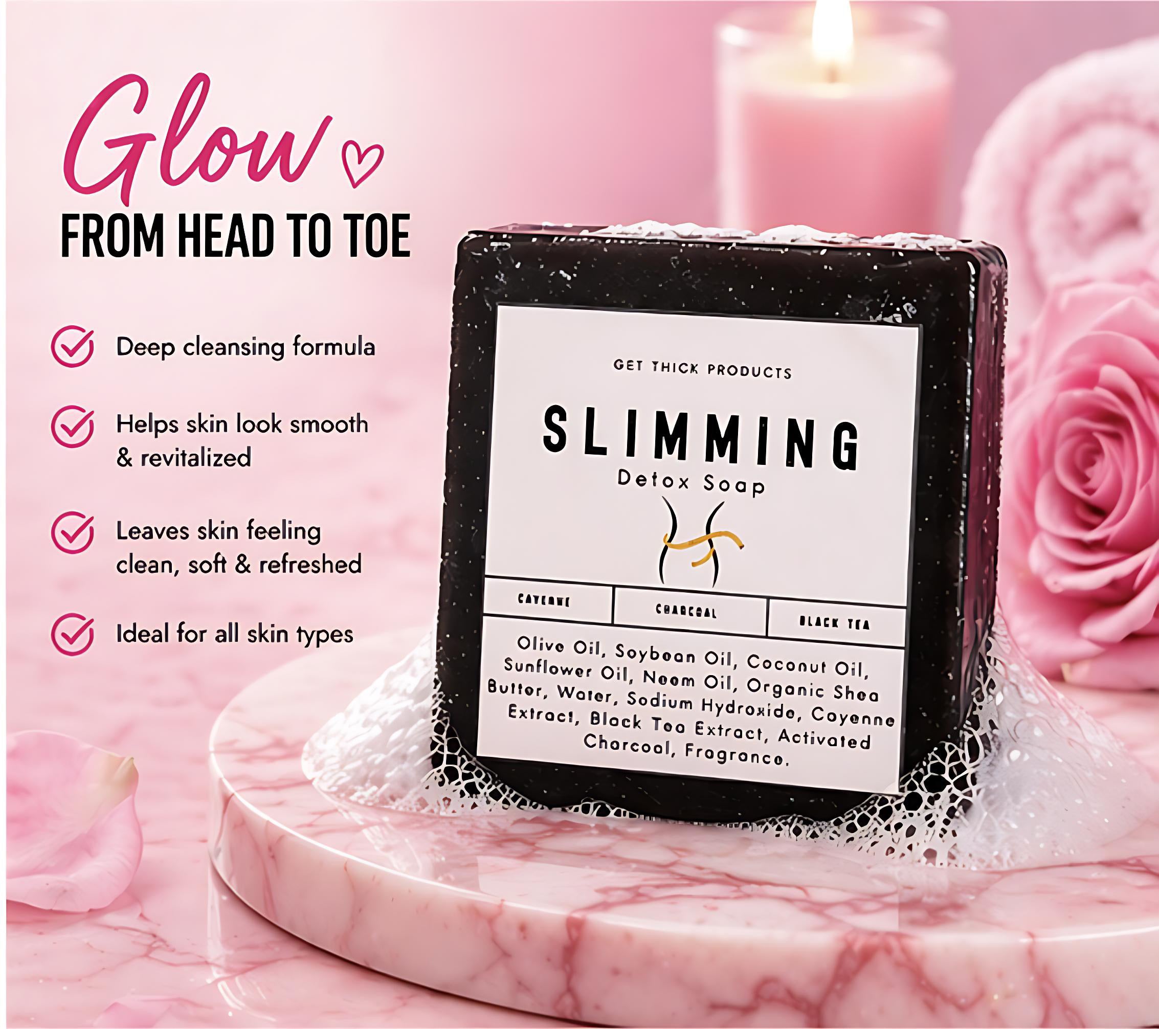 Slimming detox soap bar on a pink marble surface with decorative elements and text about product benefits.