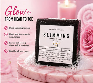 Slimming detox soap bar on a pink marble surface with decorative elements and text about product benefits.