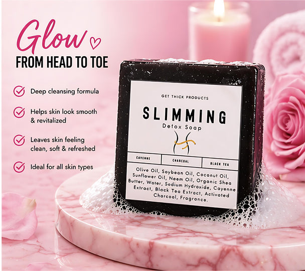 Slimming detox soap bar on a pink marble surface with decorative elements and text about product benefits.