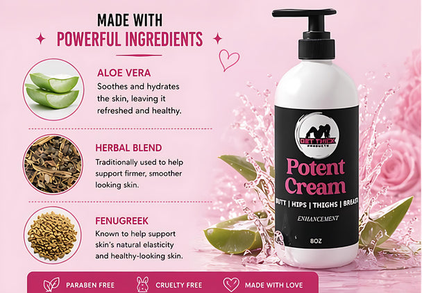Bottle of 'Potent Cream' with ingredients listed on a pink background