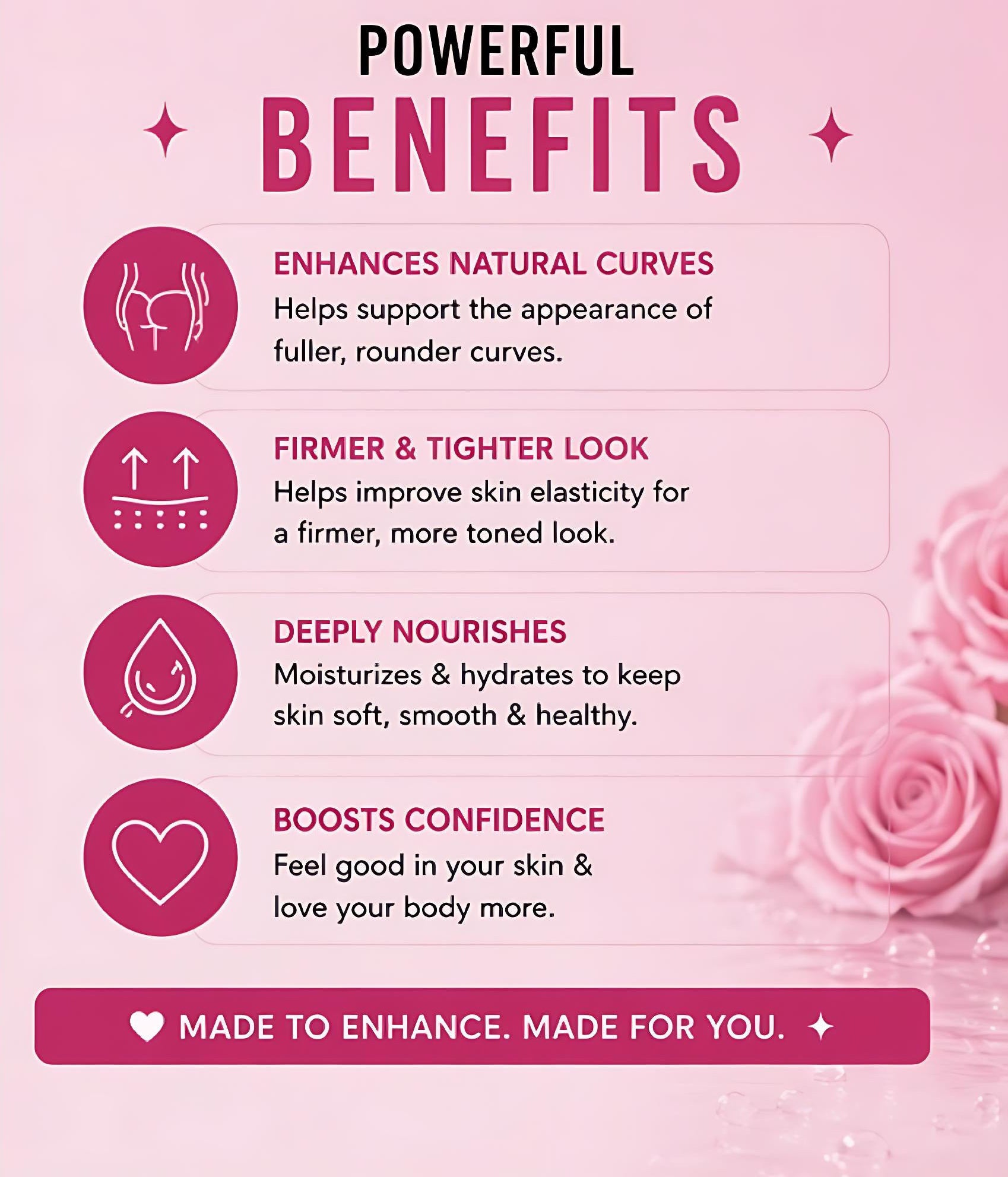 Pink infographic with text and icons about the benefits of a product on a pink background with roses.