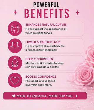 Pink infographic with text and icons about the benefits of a product on a pink background with roses.