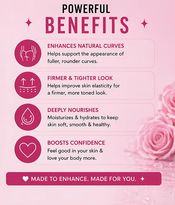 Pink infographic with text and icons about the benefits of a product on a pink background with roses.