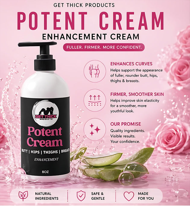 Potent Cream enhancement cream bottle with pump on a pink background with roses and aloe vera.
