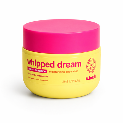 Yellow jar with pink lid labeled 'Whipped Dream' by b.fresh on a white background