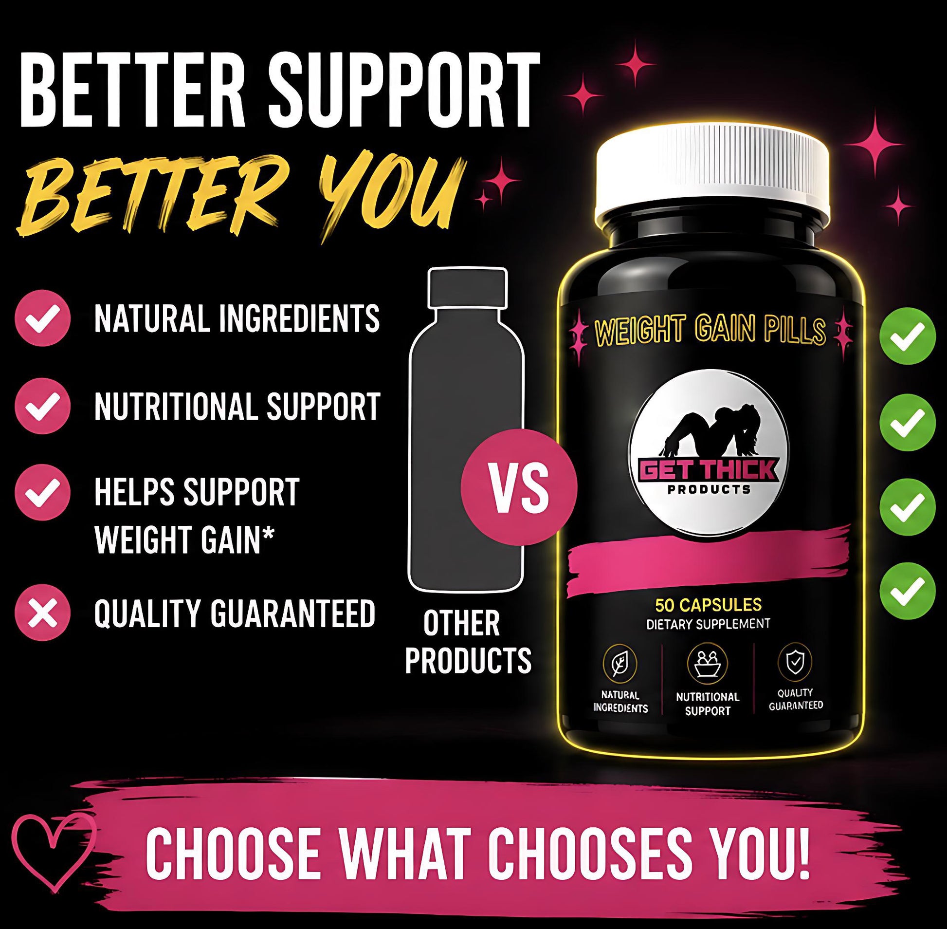 Promotional graphic for weight gain pills with text and product image on a dark background