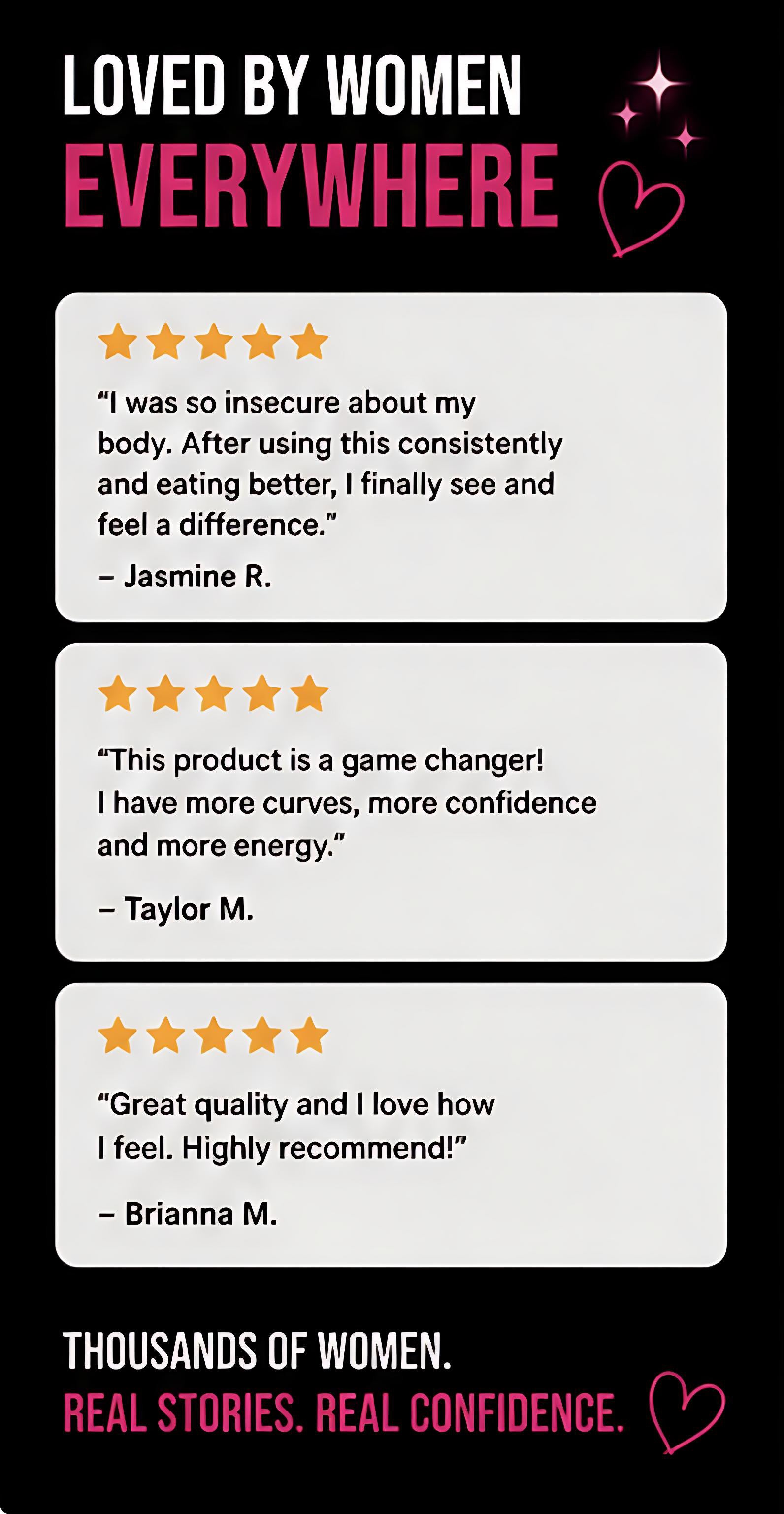 Product reviews on a black background with pink text and heart graphics.