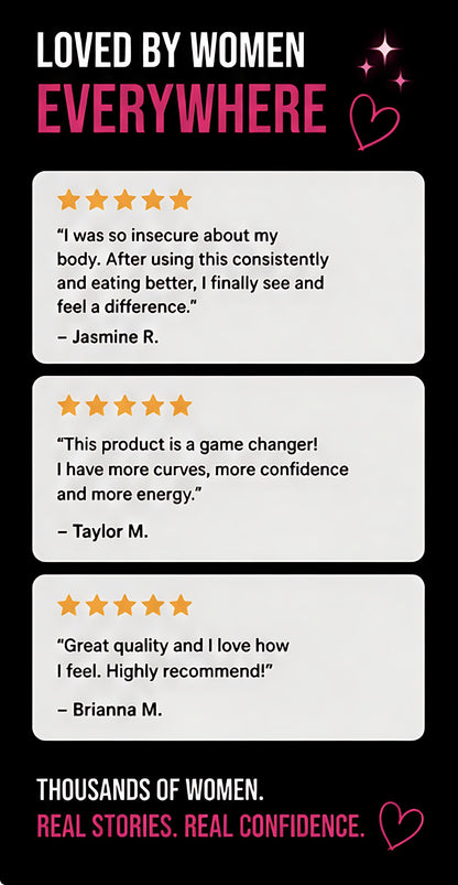 Product reviews on a black background with pink text and heart graphics.
