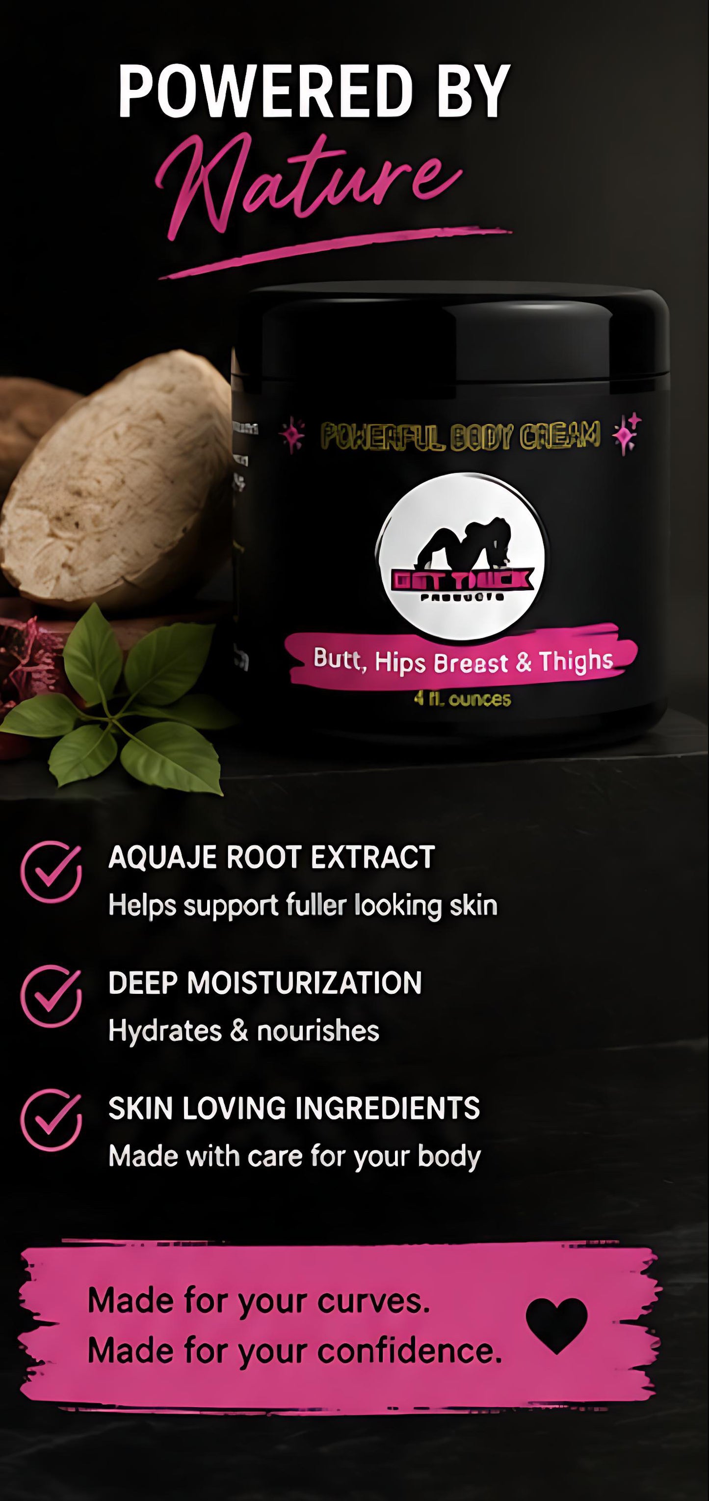Get Thick Body cream container with branding and product features on a dark background
