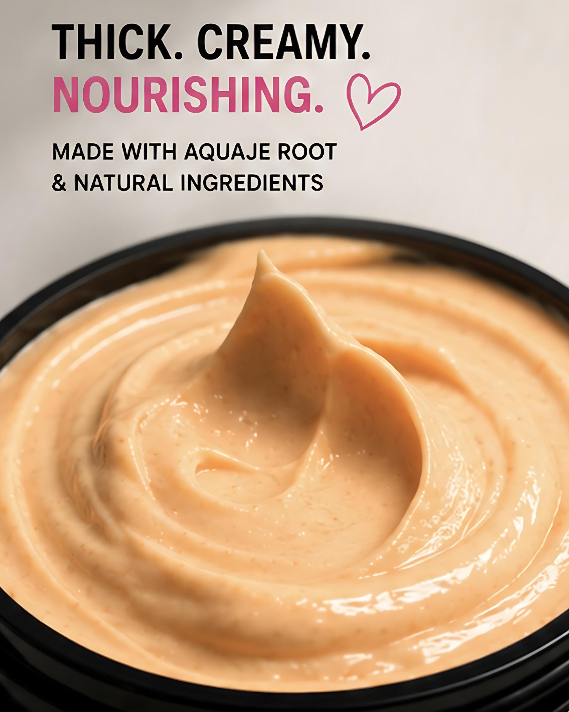 Jar of Get Thick Cream in a container with text highlighting its qualities.