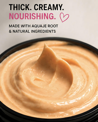 Jar of Get Thick Cream in a container with text highlighting its qualities.