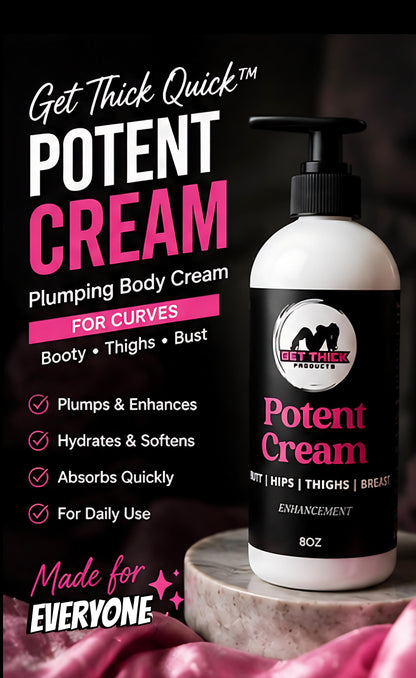 Potent Cream bottle with promotional text on a dark background