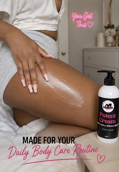 Person applying cream to leg with 'Made for Your Daily Body Care Routine' text and a bottle of cream in the foreground.
