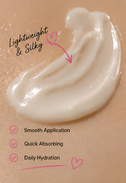 Cream swatch on skin with text highlighting lightweight, silky texture, smooth application, quick absorption, and daily hydration.