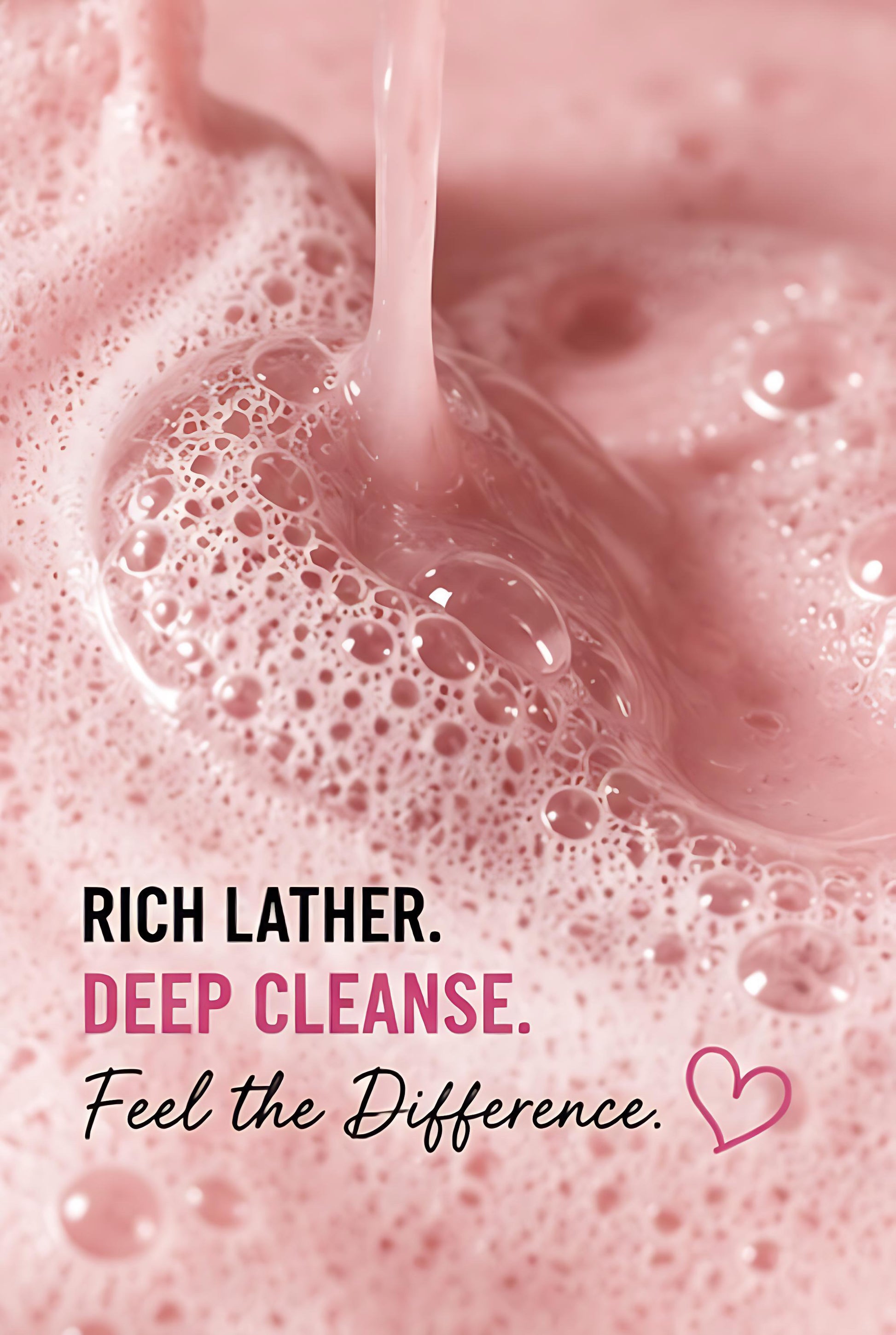 Pink liquid being poured with text 'Rich Lather. Deep Cleanse. Feel the Difference.'