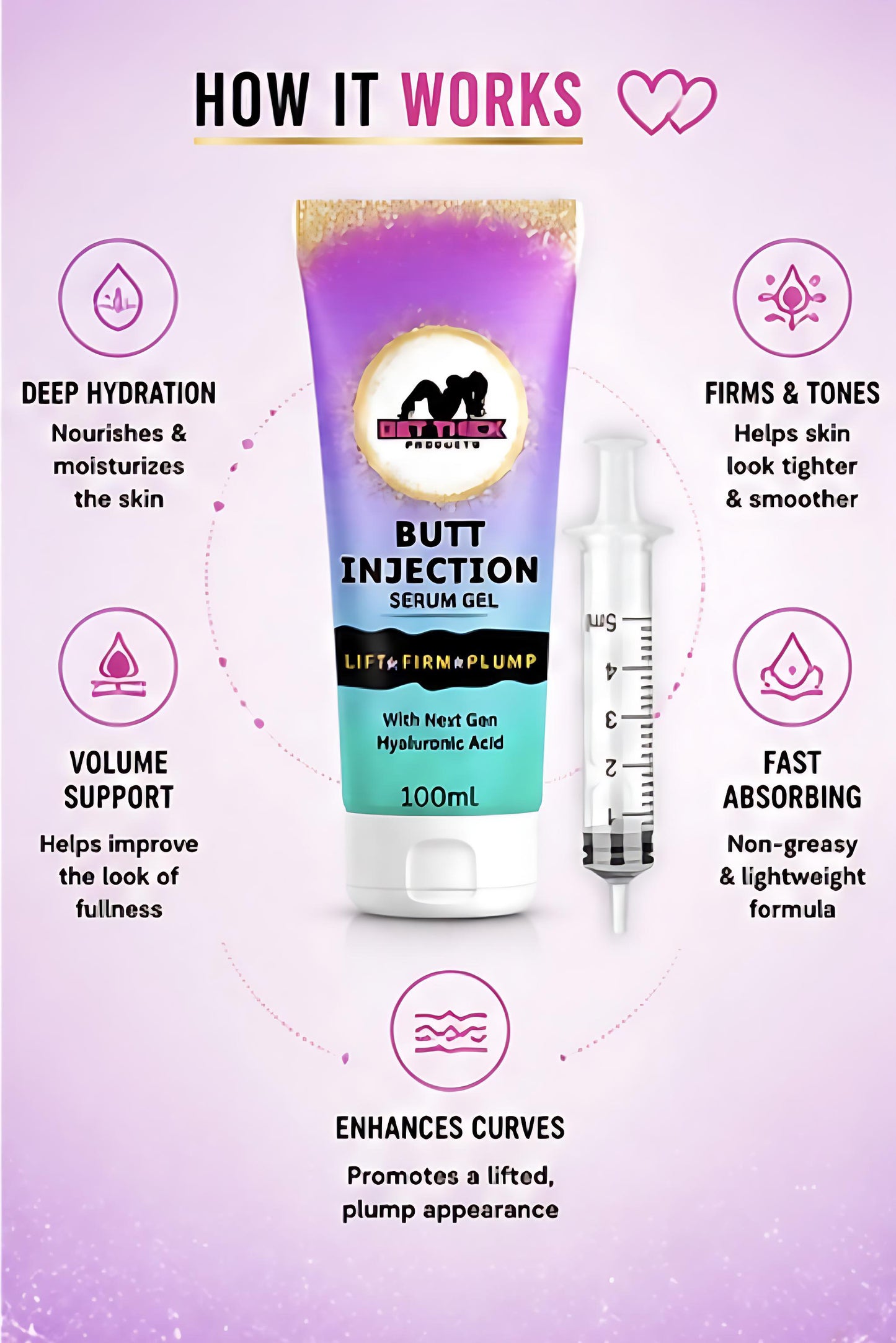 Butt injection serum gel packaging with text on a purple background