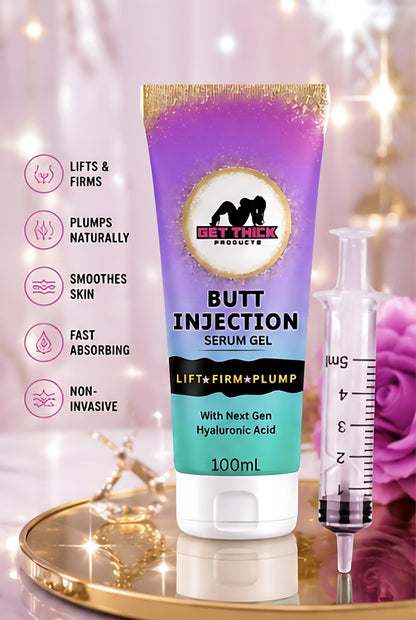 Butt injection serum gel tube with syringe on a decorative background