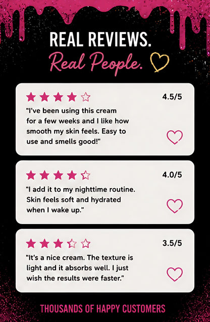 Product reviews with ratings and text on a black background with pink accents